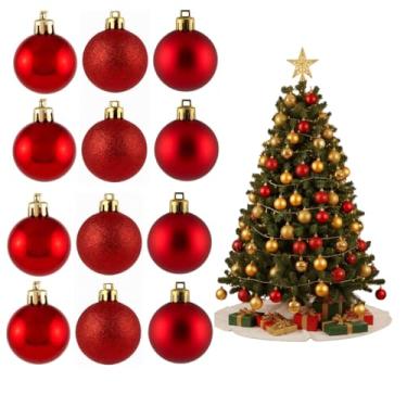 Imagem de Kit 12 Bolas de Natal 5 cm – Vermelho ou Dourado Acabamento Fosco, Brilhante e com Glitter | Enfeites para Árvore, Guirlanda e Decoração de Natal (VERMELHO)