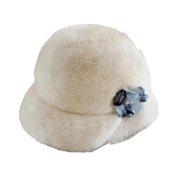 Imagem de Chapéu feminino elegante de pele francesa chapéu de pele mantém quente chapéu de pele adorável flores decoradas cartola bege G