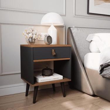 Imagem de Mesa de Cabeceira Mesinha Para Quarto 1 Gaveta Puxador em Couro Ravenn