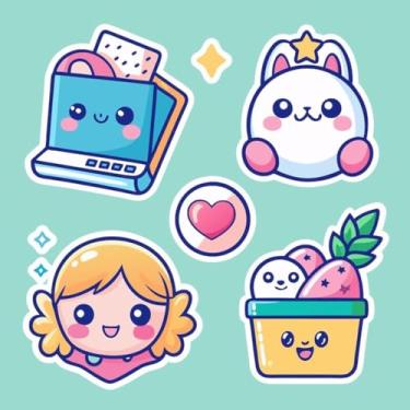 Imagem de Adesivos Kawaii fofos para crianças decoração de quarto, cadernos e objetos coloridos com personagens alegres 30x30cm