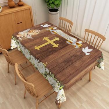 Imagem de Leyiyi Toalha de mesa de batismo God Bless Toalha de mesa retangular de celebração de batismo rústica flores de primavera anjo tábua de madeira para decoração de mesa de casa cozinha sala de jantar