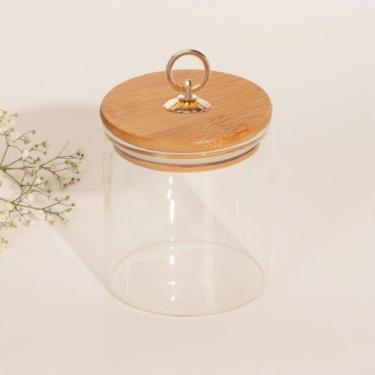 Imagem de Pote Vidro Hermético Redondo transparente argola Dourada Tampa Bambu 7