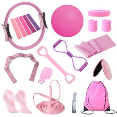 Imagem de Smloplom Kit de pilates caseiro para mulheres, 15 peças de equipamento de Pilates com anel e bola de Pilates, faixas elásticas de alta resistência de 5 níveis, faixas de ioga, corda de pular, conjunto