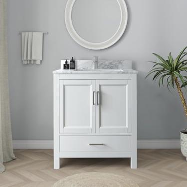 Imagem de HIGEINE Vaidade de banheiro de 76 cm atualizada com pia e 2 portas e 1 gaveta de armazenamento, armário de madeira independente com pia integrada, orifício de torneira pré-perfurado - fácil montagem