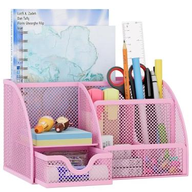 Imagem de Organizador de mesa EasyPAG de malha para guardar lápis, acessórios com gaveta para papel e materiais de escritório (6 compartimentos, rosa)