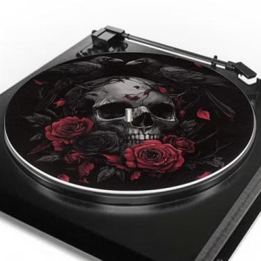 Imagem de ZUXONGSY Tapete de toca-discos de corvos, rosas e esqueletos para toca-discos antiestático para amantes de música