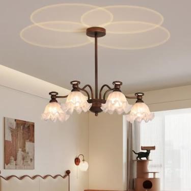 Imagem de Lustre vintage em metal bronze, modelo Sputnik, com soquete E27, ideal para ilha de cozinha. Luminária pendente grande de meados do século XX com cúpula de vidro branco em formato de flor, p