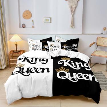Imagem de Presentes de Dia dos Namorados, conjunto de cama para casal, tamanho Queen, coroa rainha e rei romântico, conjuntos de cama solt e respirável, conjunto de capa de edredom branco e preto (1 capa de