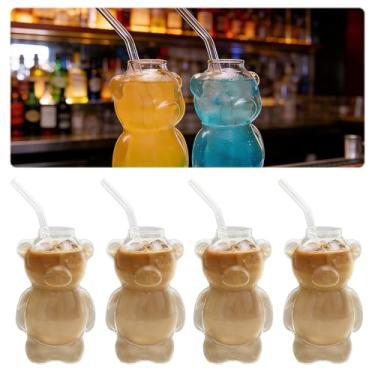Imagem de HJJWNDDNG 2/4 pçs copo de café urso fofo mel urso copo copo de vidro com canudo 325 ml cerveja vinho coquetel copos para casa bar cozinha restaurante (4 peças)
