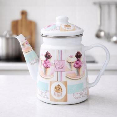 Imagem de Bule Bico Pescoço Ganso Esmaltado Decorativo Fogão Indução Retro Alça 