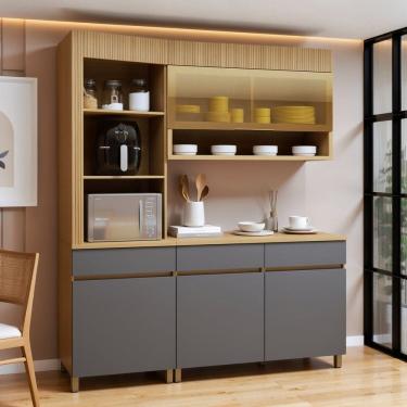 Imagem de Cozinha Completa Modulada 3 Peças 4 Portas 3 Gavetas Torre Angular 100% Mdf Realeza Premium Carvalho/Titânio