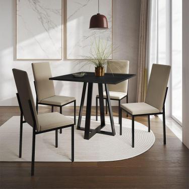 Imagem de Conjunto De Jantar Mesa Mônaco Premium 90Cm Preta Com 4 Cadeiras Estofadas Bege - Cor: Preto