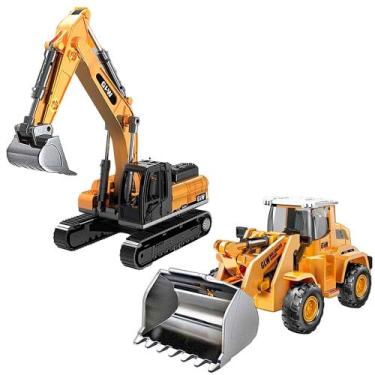 Imagem de Kit 2 Caminhões Máquinas de Brinquedo Trator Escavadeira e Pá Carregad