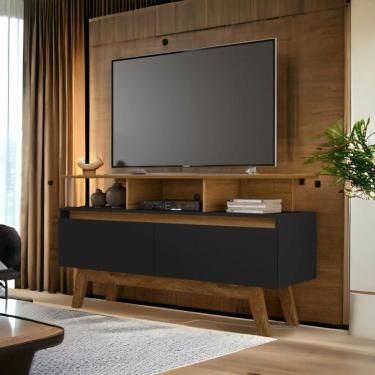 Imagem de Rack com Gavetas Rubi 1,2 para Sala 120cm MDF com Porta e Pes Cinamomo e Preto Fosco Bechara Móveis