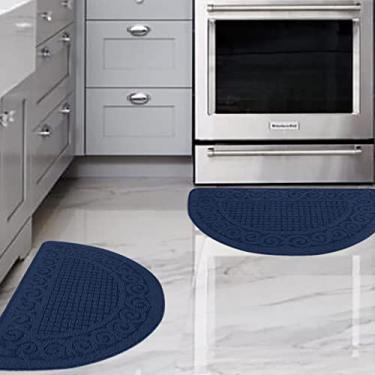 Imagem de Tapetes de cozinha azul-marinho para piso 2 peças 45,7 cm x 76,2 cm, tapetes de cozinha laváveis antiderrapantes, tapete de pé, tapete de meio círculo para pia, área de lavanderia