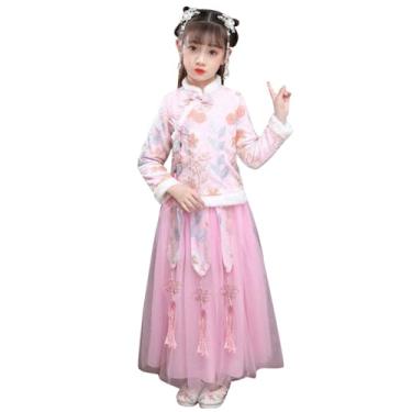 Imagem de Macaquinho infantil 4t infantil com forro de lã Hanfu casaco quente para roupas de ano novo chinês menina 6 anos, Rosa, 8-9 Anos