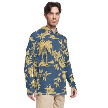 Imagem de Camisa de sol masculina com capuz manga comprida Havaí tropical pesca FPS 50+ camisa de natação com capuz Rashguard para homens, Azul Havaí Tropical, P