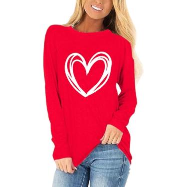 Imagem de Woffccrd Camisetas femininas Love Heart de manga comprida com gola redonda e estampa de gnomos de coração xadrez casual, Vermelho 2, P