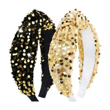 Imagem de Lanmerry Faixa de cabelo feminina com nó de veludo larga, acessórios de cabelo para meninas, lindas faixas de cabelo com lantejoulas, faixa de cabelo preta dourada com glitter macio