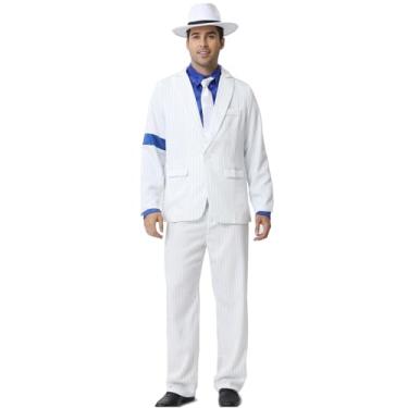 Imagem de CHIGUO Men's White Striped Blue Armband Suit 70s Party Halloween Cosplay Costumes