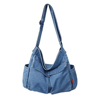 Imagem de Bolsa de ombro de brim de lona para mulheres e homens, bolsa casual retrô estética bolsa transversal bolsa de mão, Azul claro 2