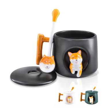 Imagem de YLOKO Caneca de café de cerâmica fofa com Shiba Inu 3D, canecas fofas com tampa colher de pata, caneca de chá da manhã novidade, presentes de aniversário para mulheres, irmã e meninas, crianças 400 ml