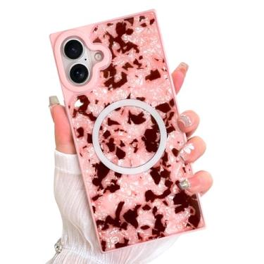 Imagem de AIGOMARA Capa retangular magnética para iPhone 16, compatível com Magsafe Luxury Sparkle Opalescent Pearl para mulheres meninas capa protetora com glitter brilhante com protetor de tela, rosa