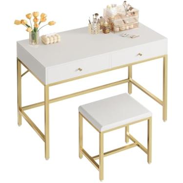 Imagem de SUPERJARE Mesa de 80 cm branca e dourada com 2 gavetas, mesa de maquiagem moderna com banqueta acolchoada, pequena para escritório em casa, escritório, escritório, estudo, quarto, Branco e dourado