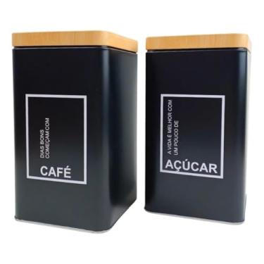 Imagem de Conjunto de Potes Herméticos para Café e Açúcar Quadrado Metal Preto Fosco com Tampa na...