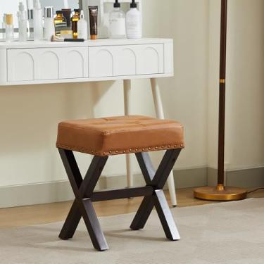 Imagem de Banquetas quadradas de maquiagem, descanso para os pés de perna em X, bancos de apoio para os pés de couro PU, banquinho pequeno, acolchoado moderno, multiuso, para quarto, sala de maquiagem, sala de
