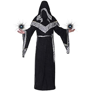 Imagem de Fantasia masculina de feiticeiro com capuz, fantasia medieval vintage de feiticeiro renascentista (G, preto)