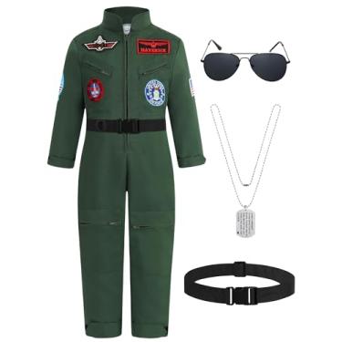 Imagem de Kids Fighter Pilot Costume, Boys Green Tactical Aviator Suit Air Force Flight Jumpsuit with Accessories Sunglasses, ID Tag & Belt - Great for Halloween & Dress Up Fun MS083M