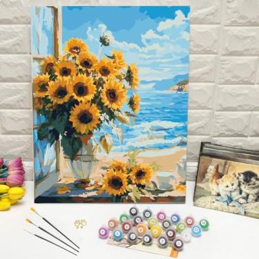 Imagem de Huacan Kit de pintura por números para adultos iniciantes sem moldura, DIY flores em vaso, kits de pintura por números para adultos kit de pintura acrílica com desenho floral em tela com 4 pincéis 40