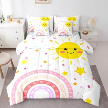 Imagem de Erosebridal Conjunto de edredom solteiro com estampa de arco-íris para crianças, meninos, meninas, 7 peças, conjunto de cama reversível, galáxia, estrelas, lua, rabisco, kawaii, com conjunto de