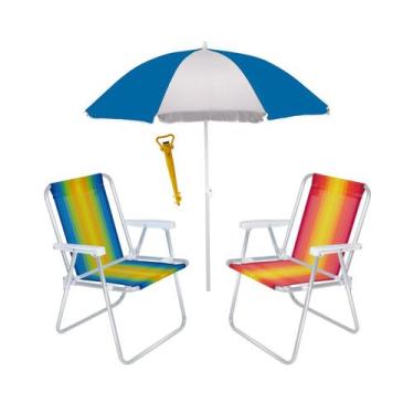 Imagem de Kit Praia Guarda Sol 1,80m Aço 2 Cadeira Alta Alumínio Saca Areia Jard