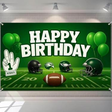 Imagem de HOMETITUTE Faixa de futebol feliz aniversário capacetes de campo verde balões tema futebol americano decoração de evento de feriado faixa de aniversário festa interior exterior fundo 71 x 43 polegadas