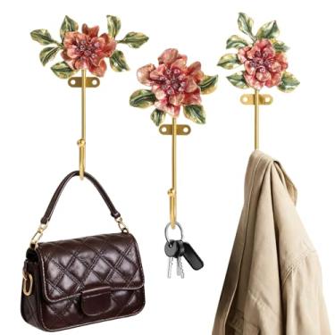 Imagem de OMISTAR 3 ganchos de parede decorativos em forma de flor vintage, conjunto de ganchos decorativos de parede com diamante incrustado, ganchos de pendurar de liga de zinco para casacos, chaves, chapéus