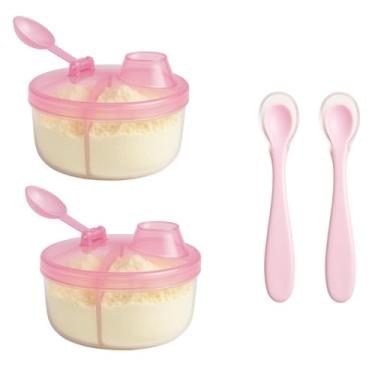Imagem de Kit 2 Pote de Leite em Pó para Bebê + 2 Colheres Ponta de Silicone, introdução alimentar, condimento para levar na bolsa Pote com 3 Divisorias de 50ml (Rosa Bebê)
