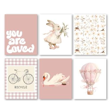 Imagem de Bgohrd Conjunto de pôsteres rosa rosa floral cisne bicicleta balão de ar quente impressões de arte de parede para decoração de sala de estar, pôster de pintura moderna para galerias de quarto de