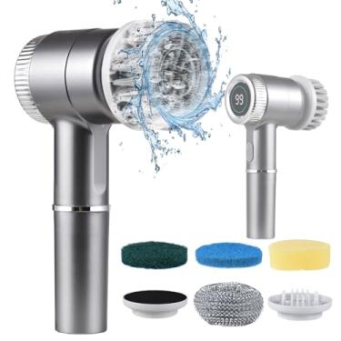Imagem de Conjunto de Escova Elétrica Limpeza Portátil Scrubber Elétrico Sem Fio 3 Velocidades Display Digital Mão com 5 Cabeças Ideal para Parede Piso Telha Co