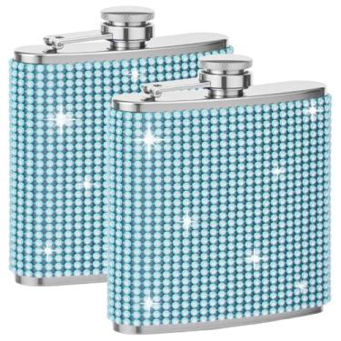 Imagem de 2 peças garrafa de quadril para bebidas para mulheres 170 g garrafa decorativa de bolso com glitter de aço inoxidável 304 para vodka whisky (azul)