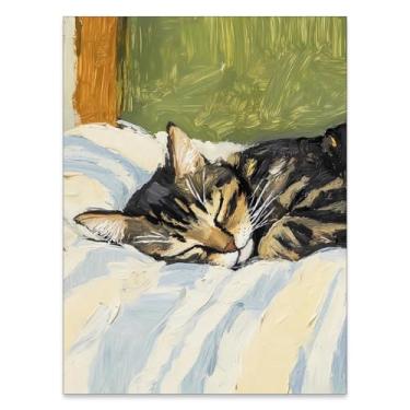 Imagem de FoxUncle Arte de parede em tela de gato malhado dormindo fofo divertido animal de estimação retrato retrô pintura a óleo para sala de estar quarto apartamento decoração de parede 30,5 x 40,6 cm sem