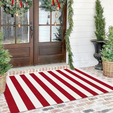 Imagem de KILOCOCO Tapete listrado 1,2 m x 1,8 m de Natal vermelho para porta da frente, interior, exterior, tecido à mão, de algodão, lavável, listrado, capachos para varanda da frente, cozinha, quinta