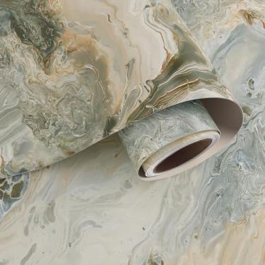 Imagem de VaryPaper Papel de parede de mármore líquido bege luxuoso 81,3 cm x 299,7 cm Papel de parede de mármore descascar e colar na parte superior do balcão vinil impermeável granito papel de contato para