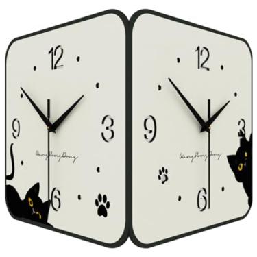 Imagem de Relógio de parede decorativo boho de canto com padrão de gato, relógio de parede dupla face de corredor, decoração de parede simples e elegante, mostrador com algarismos arábicos