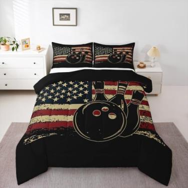 Imagem de Erosebridal Jogo de cama de boliche, bandeira americana, conjunto de edredom queen esportivo para quarto de meninos, listrado, estilo vintage, bandeira dos EUA, edredom alternativo, preto