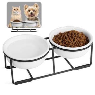Imagem de Conjunto de tigelas elevadas de cerâmica para cães - Tigelas duplas para cães com suporte de metal antiderrapante - Conjunto de tigela de comida e água para cães - Tigelas de alimentação para cães -