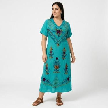 Imagem de Vestido Indiano Longo Manga Curta Liso bordado Colorido 1100 - - Sarat
