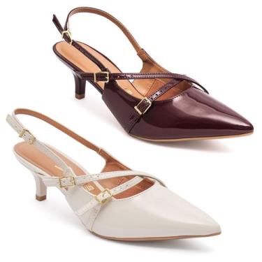 Imagem de Kit 2 Scarpin Vizzano Slingback Feminino Salto Baixo Fivelas, Vinho ve