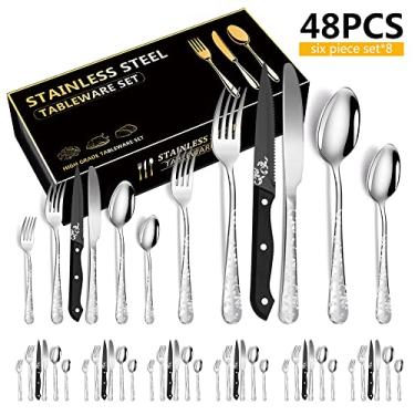 Imagem de Wemay 48 talheres de aço inoxidável conjunto de talheres polido espelho 8 facas de bife 8 facas de jantar 8 garfos 8 colheres 8 garfos de chá 8 colheres de chá com belo padrão de flores para cozinha